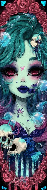 Free mermaid bookmark featuring a blue gothic mermaid with skull accents